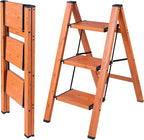 Step Ladders Folding 3 Step Stool Woodgrain Finish Aluminum,Tripod Anti-Slip Portable Sturdy for Home & Kitchen Office 330 lbs