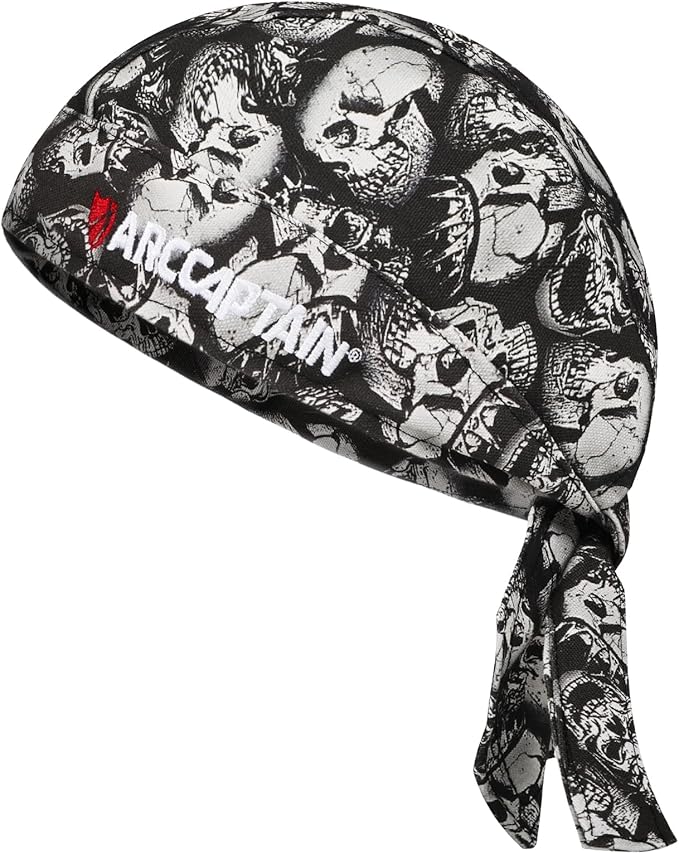 ARCCAPTAIN 2PC Welding Doo Rag, Welding Cap, Protective Welders Cap, Welding Hats for Men, Fireproof Cotton and Durable for Safety, Skull, M Size