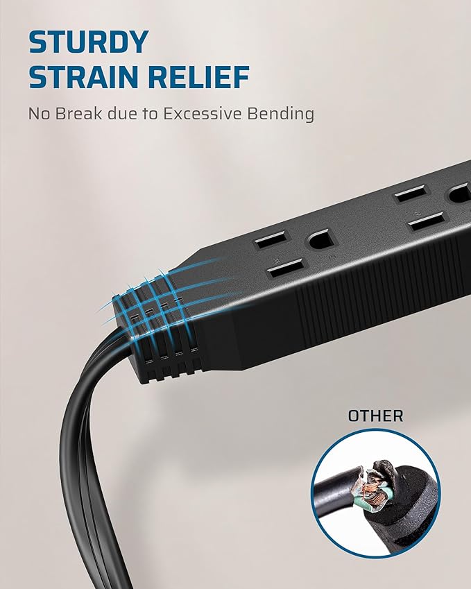 DEWENWILS 15FT Flat Plug Extension Cord, 3 Prong Ultra Thin Power Strip, 13A/125V/1625W, 16/3 Awg Grounded Flat Power Cable for Indoor Narrow Space, SPT-3 Cord, ETL Listed, Black