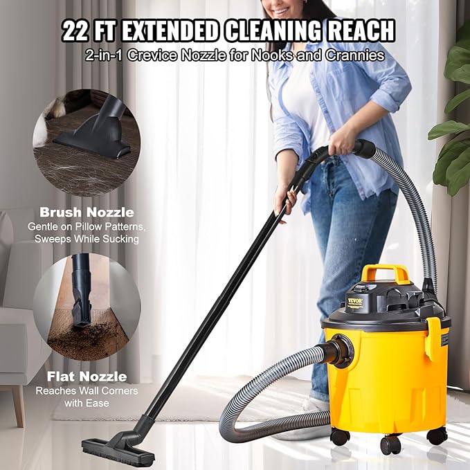 VEVOR Shop Vac Wet and Dry Vacuum Cleaner 5 Gallon 6 Peak HP - Powerful Suction with Blower Function & Attachments 2-in-1 Crevice Nozzle - Perfect for Car Carpet Debris Pet Hair Black/Yellow