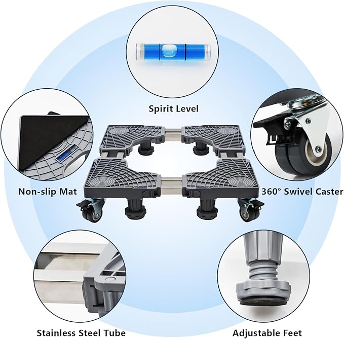 Updated Fridge Stand Mobile Base with Double Pipes 4 Locking Wheels 4 Strong Feet, Adjustable Furniture Dolly for Washer Dryer Washing Machine Stand Pedestal, Refrigerator (Grey, Extra Large)
