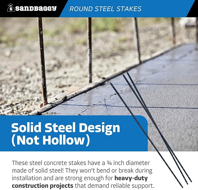 Sandbaggy 72" Round Steel Concrete Form Stakes with Nail Holes - Rust Resistant Coating - Removable, Reusable (10)
