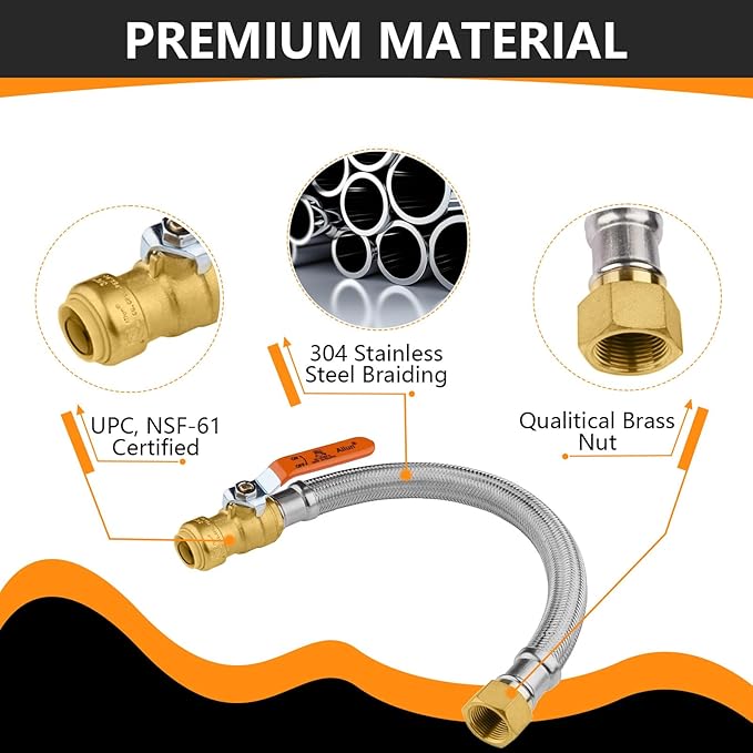 1-Pack HeSun 24-Inch Push-Fit Ball Valve Water Heater Connector, Push-to-Connect 1/2" x 3/4" FIP, Stainless Steel Flexible Heater Hose(HOSE029)