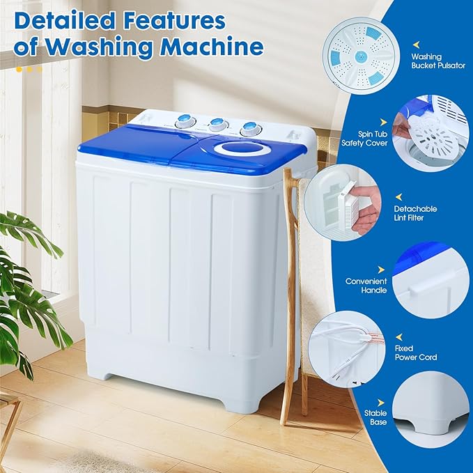 28lbs Portable Washing Machine with 18lbs Wash and 10lbs Spin, Twin Tub Washer Compact Machine with Drain Pump, Mini Portable Washer for Home, Camping, RVs, and Small Spaces, Blue