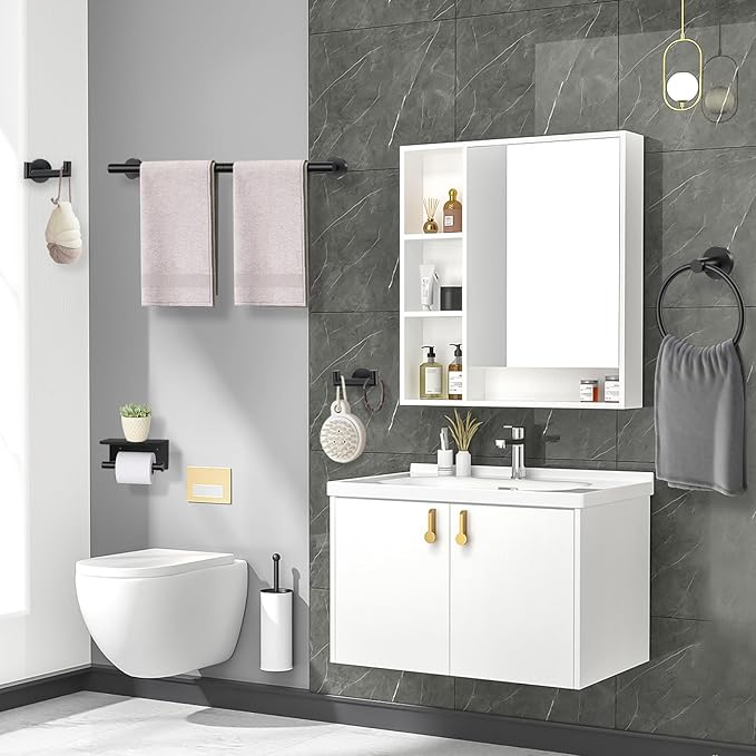 TNOMS 5 Pieces Towel Bar Set Matte Black Bathroom Hardware Set Upgraded Toilet Paper Holder with Shelf Towel Rail Set for Bathroom Stainless Steel Wall Mounted 23.6 Inch