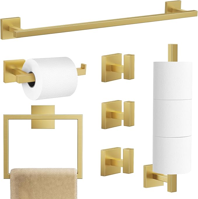 TQKAG 7-Pieces Brushed Gold Bathroom Hardware Accessories Set 23.6" SUS304 Stainless Steel Towel Bar Set Toilet Paper Spare Rolls Storage Holder Wall Mounted