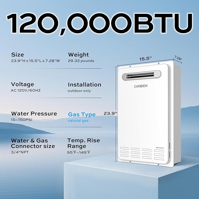 Natural Gas Tankless Water Heater - ORBEK 120,000 BTU Up to 5.1 GPM Outdoor Installation - CSA Certified On-Demand Instant hot Water Heater 3/4" NPT Connector Size