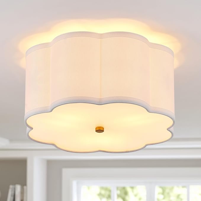 Modern Drum Semi Flush Mount 3-Light Gold Ceiling Lighting Vintage Linen Lamp for Laundry, Kitchen, Basement, Dining, Bedroom