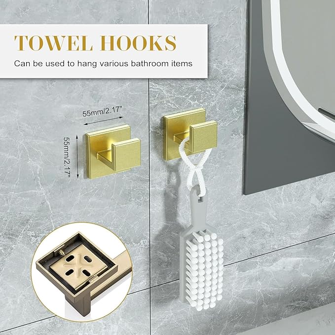 Bathroom Accessory Towel Bar Set: 15 Pieces Gold Bathroom Hardware Square SUS304 Stainless Steel - Wall Mounted Towel Rack&Toilet Paper Holder&Towel Ring and Towel Hook