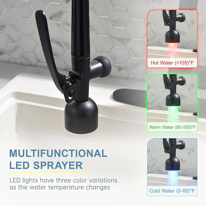 GIMILI Black and Gold Kitchen Faucet with LED Single Handle Kitchen Sink Faucet with Pull Down Sprayer Commercial Double-Headed Stainless Steel Kitchen Faucets Sink with Deck Plate