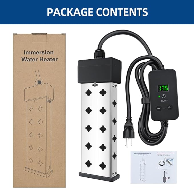Immersion Water Heater 1800W, Portable Submersible, Real Time Temp Display, Thermostat Temp Control, Dry Burn Protection, Heating for Buckets Bathtubs Hot Tubs Above Ground and Inflatable Pools