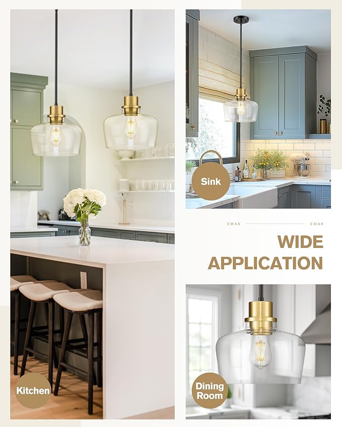 Emak 10 Inch Large Glass Pendant Lights Kitchen Island, Black and Gold Pendant Light Fixtures, Modern Farmhouse Island Lights for Kitchen, Dining Room, Bathroom, PL126-BKBGD-CG