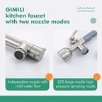 GIMILI Kitchen Faucet with LED Single Handle Kitchen Sink Faucet with Pull Down Sprayer Commercial Double-Headed Stainless Steel Kitchen Faucets Sink with Deck Plate, Brushed Nickel