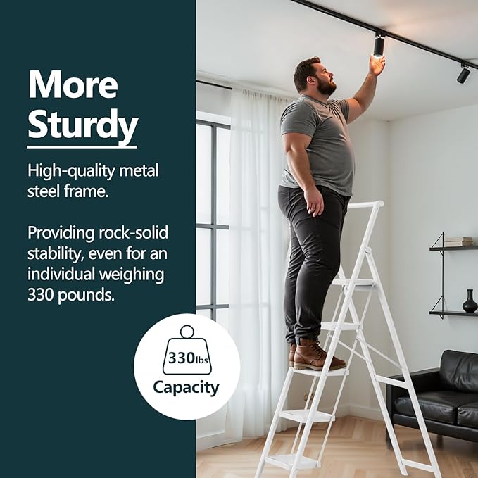 WOA WOA 5 Step Ladder, Foldable Ladder with Wide Pedals and Handle, Sturdy Ladders for Home and Kitchen with Anti-Slip Feet, Supports up to 330 lbs - White