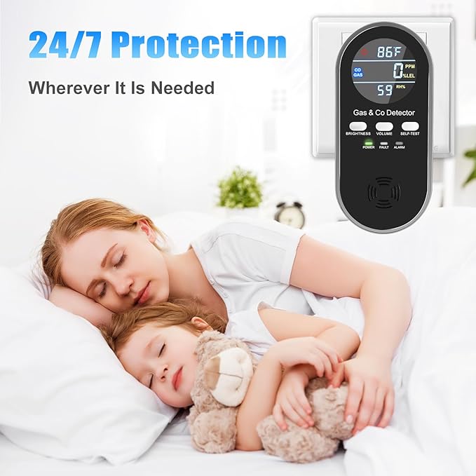 5 in 1 CO & Combustible Gas Detector with Digital Display | Plug-in + 9V Battery Backup | Adjustable Alerts & Self-Test | Carbon Monoxide Detectors for Home, Kitchen, RV (3-Pack)