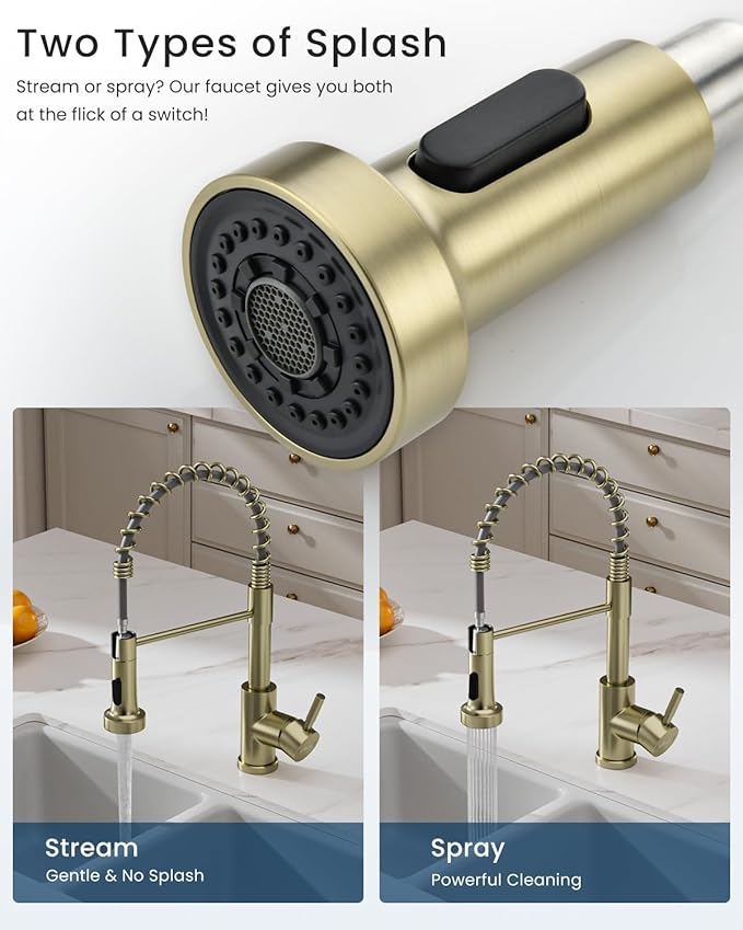 APPASO Gold Kitchen Faucet, Brushed Gold with Pull Down Sprayer and Soap Dispenser, Commercial Kitchen Sink Faucet Stainless Steel