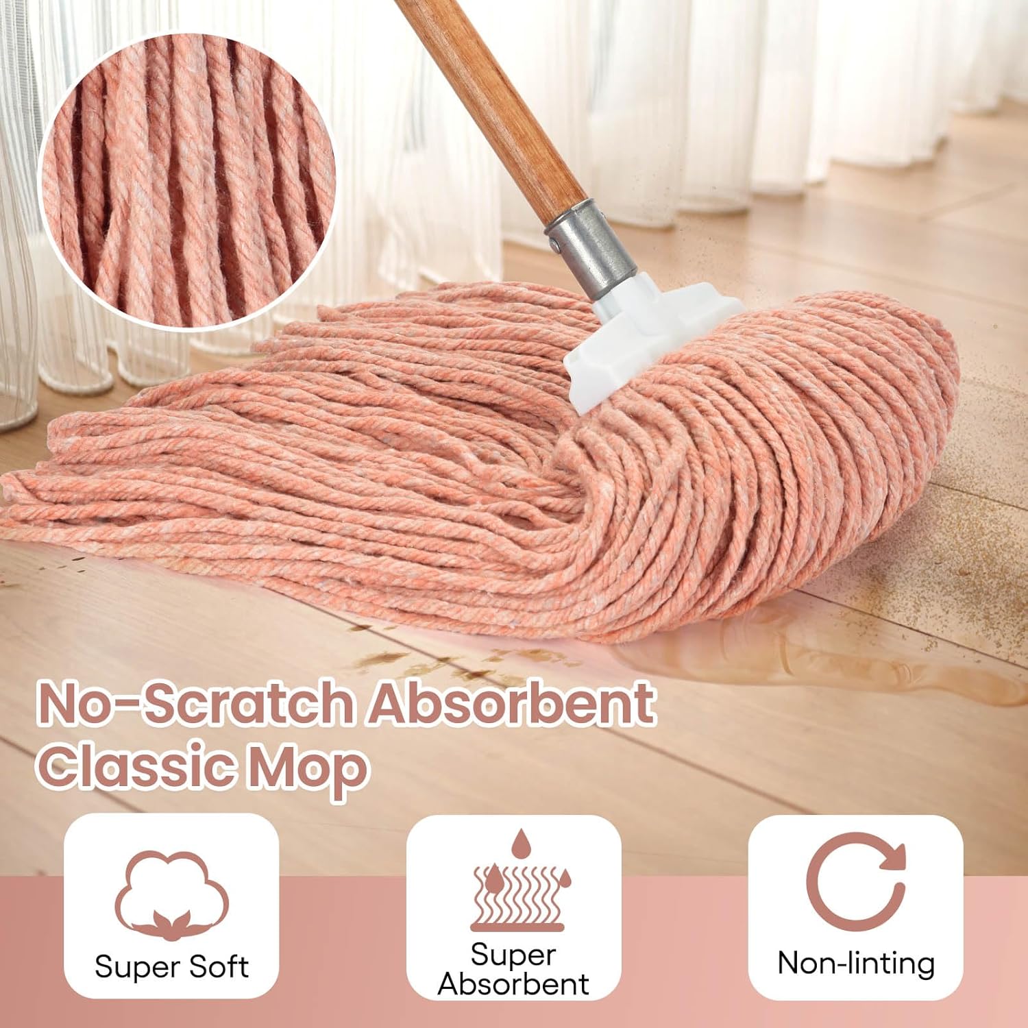 Matthew Cleaning Screw-on Heavy Duty Cotton Wet Mop Replacement Heads(Orange, Large,6 Pack) with 2 Pack Microfiber Cloth for Residential & Commercial Floor Cleaning Use- Fit Standard American Screw