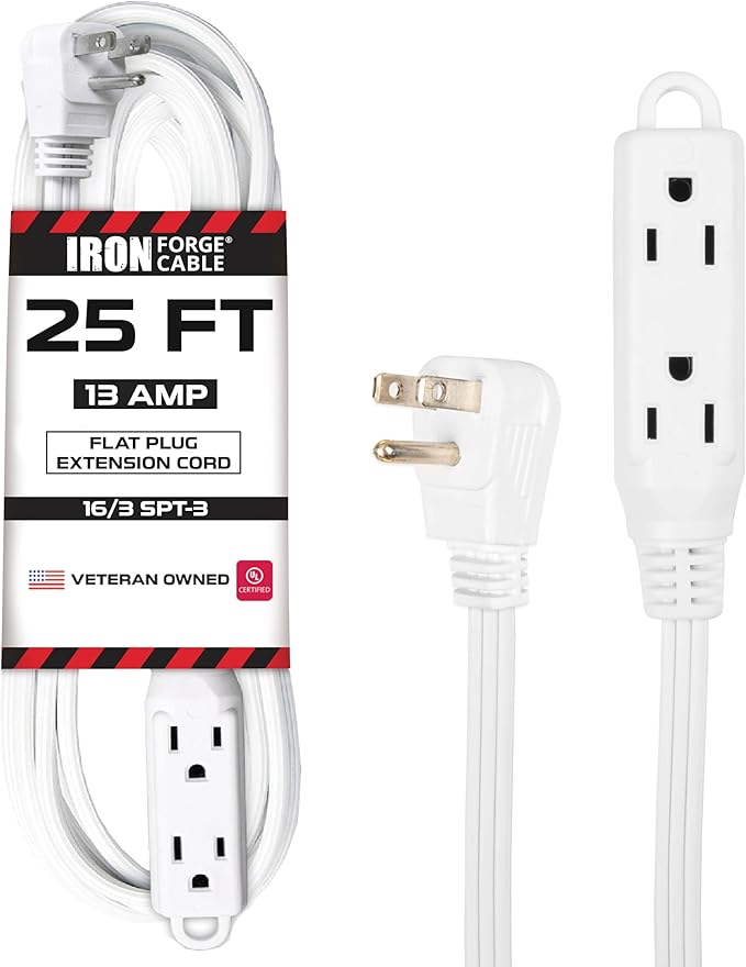 Iron Forge Cable 25 ft Flat Plug White Extension Cord with 3 Outlets - 16/3 SJTW 3 Prong Indoor Extension Cord with Multiple Outlets