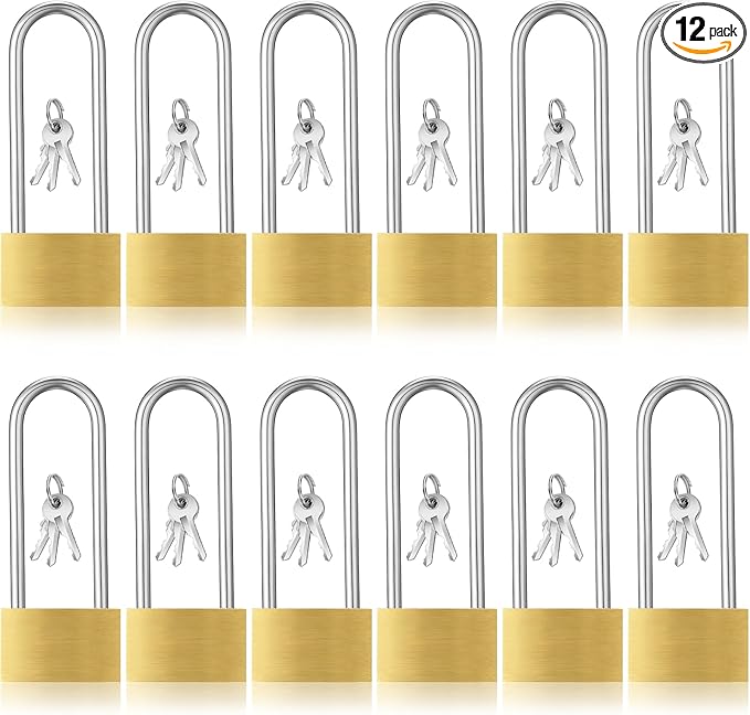 12pcs Solid Brass Keyed Padlock, Small Yellow Gym Lock, Long Lock for Sheds Strong Padlock with Same Key for Luggage Toolbox (40mm 1-9/16")