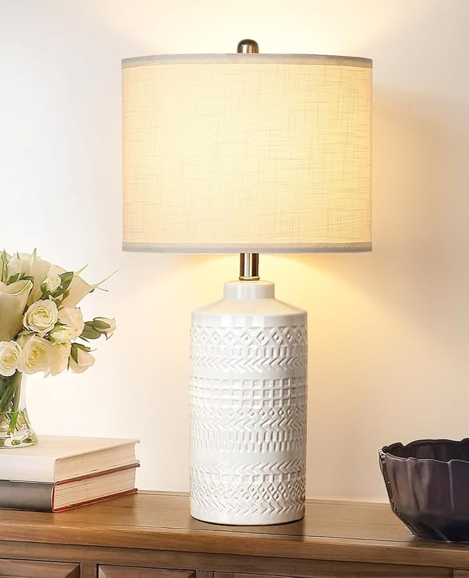 24.5" White Ceramic Table Lamp 3-Way Dimmable Nightstand with White Linen Shade Bedside Lamp for Bedrooms & Living Room Office Reading(Bulb Included)