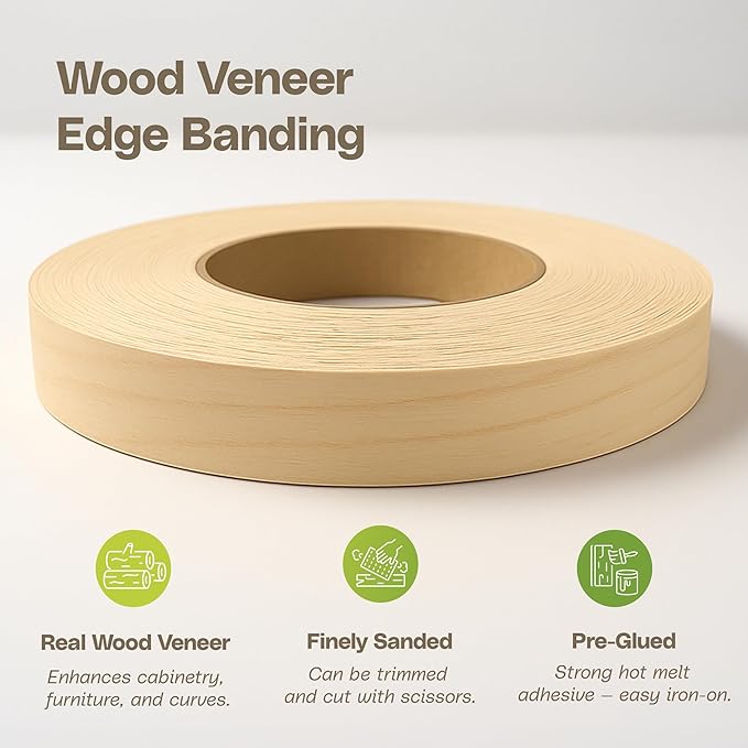 Edge Supply Birch 1 in x 250 ft Roll – Pre-Glued Iron On Wood Veneer Tape – Wood Veneer Edge Banding Tape with Hot Melt Adhesive, Smooth Sanded Finish Ideal for Furniture & DIY, Made in USA