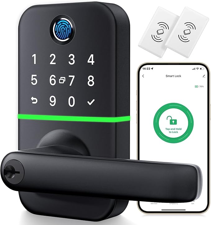 Keypad Smart Door Lock with Handle: Kucacci Keyless Entry Fingerprint Lock - Digital Code Handle with Keypad - Electronic Smart Knob for Front Door - Deadbolt Alternative with App - Easy Installation