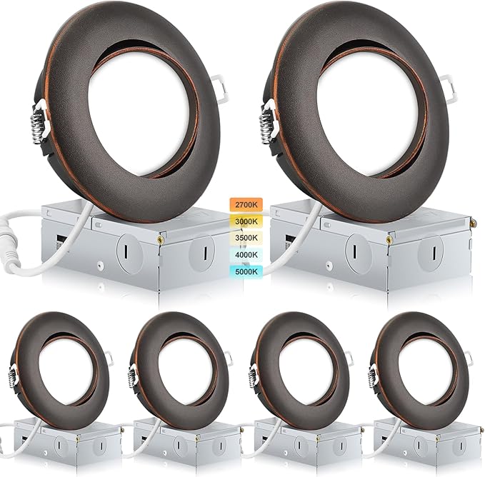 Oil Rubbed Bronze 4 Inch Led Recessed Lights 6 Pack,Ajustable Led Eyeball Gimbal Lights,4 Inch Ceiling Light with Junction Box,5CCT Selectable,9W 750LM,Dimmable