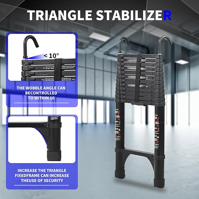 JADDUO 16.5FT Telescopic Ladder, Aluminium Black Telescoping Ladder with Non-Slip Feet and Stable Hook, Portable Extension Ladder for Household and Outdoor Working, Heavy Duty 330lbs Max Capacity