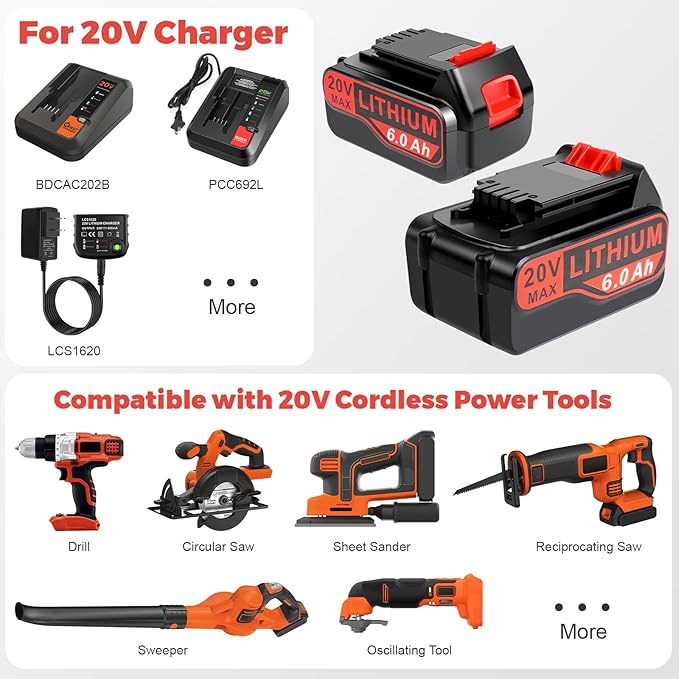 ARyee LB2X4020 6.0Ah 20V Battery for Black and Decker 20V Max LBXR20 LB20 LBX20 LBXR2020 LBX4020 LBX4020 Cordless Tools Battery with 20V Battery Charger PCC685L