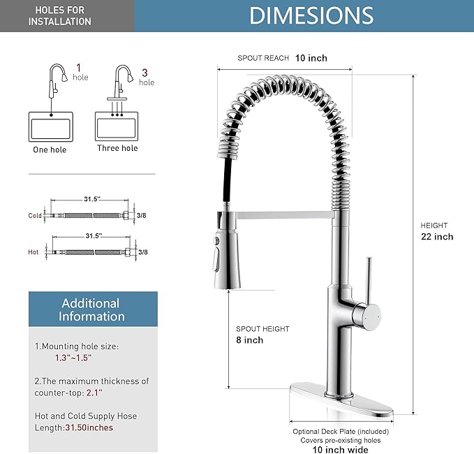 22‘’ Extra-Tall Polished Chrome Kitchen Faucets,Commercial High Arc Single Handle Kitchen Faucets with Pull Down Sprayer for Farmhouse Resist Stainless Professional Pre-Rinse