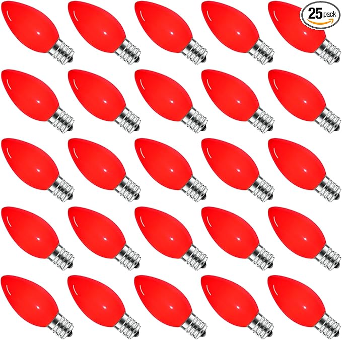 C9 Incandescent Christmas Lights Red Bulb,C9 Red Ceramic Replacement Bulbs for Christmas String Lights Indoor and Outdoor Decorations, E17 Candelabra Base, 7 Watts Night Light Bulbs,25 Pack