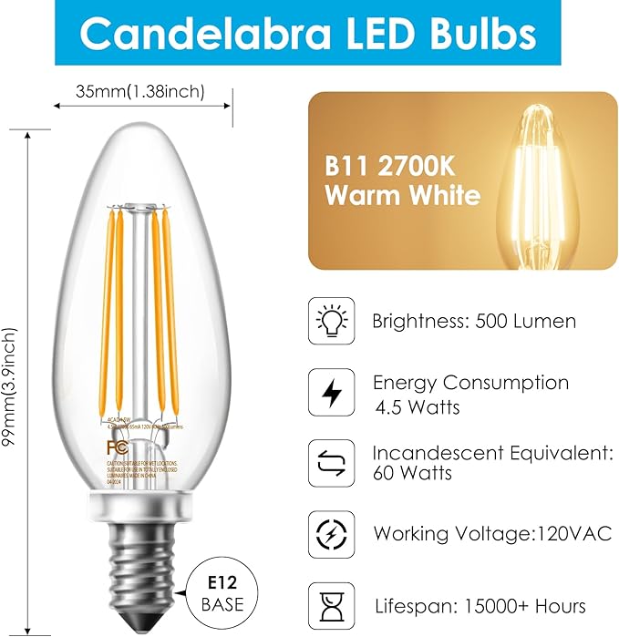 VOLIVO Dimmable E12 LED Candelabra Bulbs 60Watt Equivalent, 2700K Warm White, 500Lumens, 4.5W B11 Vintage Chandelier Light Bulbs, LED Filament Clear Glass Candle Lamp for Ceiling Fan Home, 24Pack