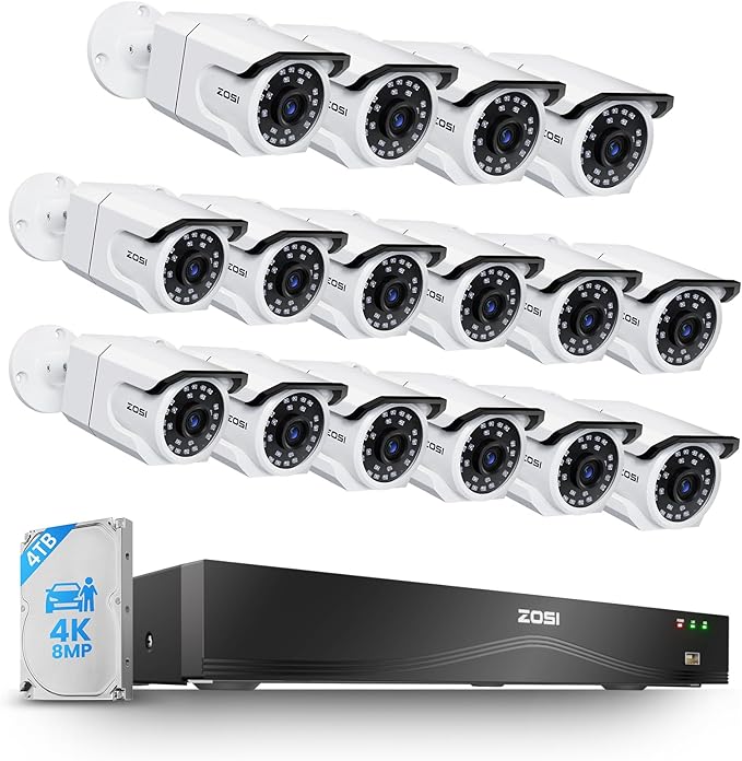 ZOSI 32CH 4K PoE Security Camera System,16 x 8MP Indoor Outdoor Cameras,One-Way Audio,People Counting,Person/Vehicle Detection,16 Port 32-Channel NVR with 4TB HDD for Commercial 24/7 Recording