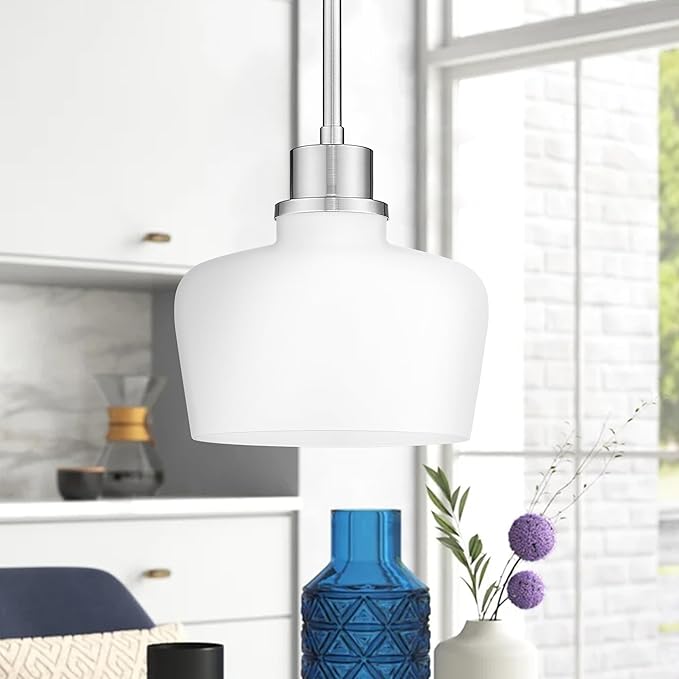 Emak 2 Pack Brushed Nickel Pendant Light Fixtures, 8 Inch Milk Glass Pendant Lights Kitchen Island, Modern Island Lights for Kitchen, Dining Room, Bathroom, PL122-BN-ML-2PK