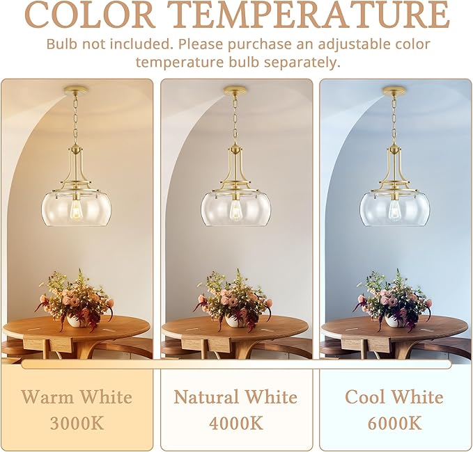 Industrial Round Chandelier Rustic Ceiling Light Fixture Farmhouse Pendant Light with Clear Glass Shade for Dining Room Hallway Entryway Kitchen Bedroom, Gold