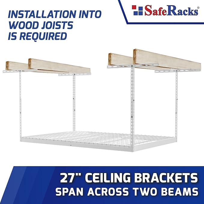 SafeRacks 4x6 Overhead Garage Storage Rack - Height Adjustable Steel Overhead Storage Rack - 500 Pound Weight Capacity (White, 18"-33")