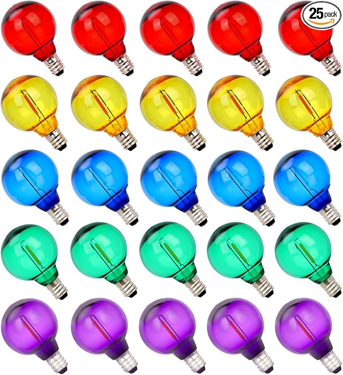 25Pack G40 Christmas LED String Lights Bulbs, E12 Screw Base Shatterproof Colored Bulbs for Outdoor Holiday Decor 120V 0.6W Dimmable Equal to 7W, Patio & Christmas Tree Lighting (Multicolor)