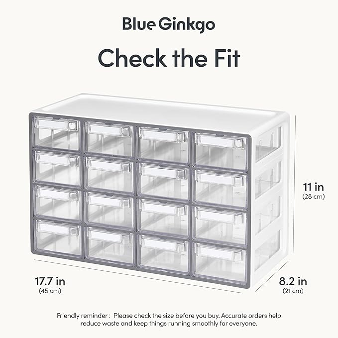 Blue Ginkgo Medium 16-Drawer Cabinet – Stackable Clear Organizer for Hardware, Beads, Plastic Bricks, Office, and Craft Storage (Made in Korea, Gray)