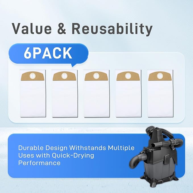 6-Pack Wet/Dry Fleece Dust Bags - Compatible with FLEX Wet/Dry Vacuum-FT522
