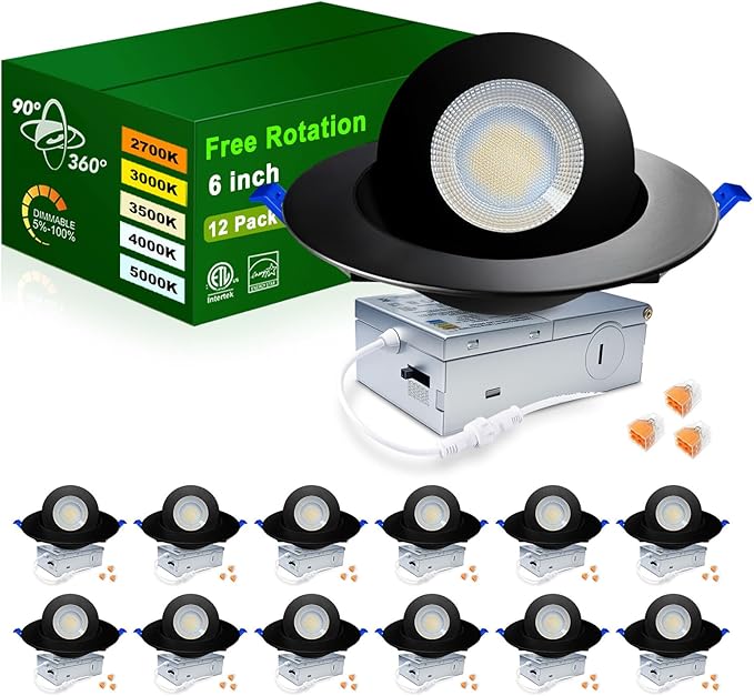 zouzai 6 inch 5CCT Gimbal Black Led Recessed Lights, 360°+90° Adjustable Directional Recessed Lighting, 2700K-5000K Dimmable Retrofit Eyeball Can Lights with Jbox, ETL&Energy Star(Black,12 Pack)
