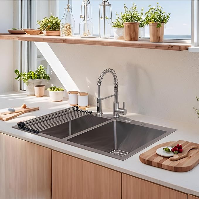 SHACO 33x22 Inch 50/50 Double Bowl Drop In Kitchen Sink 16 Gauge 33 Inch Stainless Steel Kitchen Sink Top Mount with Grid and Accessories