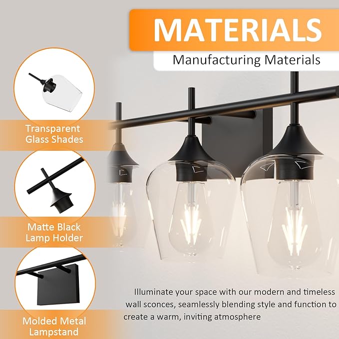 Vanity Bathroom Light, 3-Light Bathroom Light Fixtures Over Mirror, Black Vanity Lights for Bathroom with Clear Glass, Modern Wall Lamp for Cabinet Hallway, Bedroom