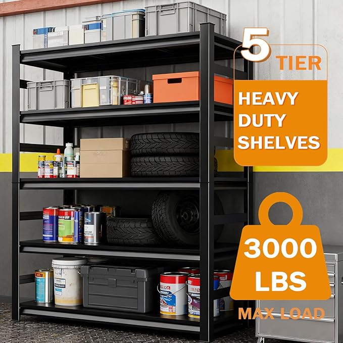 Metal Garage Storage Shelves Heavy Duty Shelving Unit 5 Tier Steel Adjustable Organizing Shelves 3000 LBS Capacity Industrial Shelving Ideal for Garage Tote Pantry Basement Outdoor, 88”Hx47”Wx23.6”D