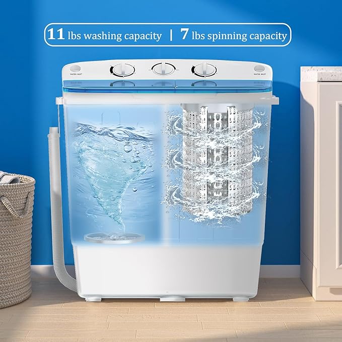 Compact Mini Twin Tub 18lbs Washing Machine with Drying Rack, 11 lbs Washer Mini Compact Laundry Machine and 7 lbs Spinner, Convenient and Efficient for Dorms, Apartment (Blue)