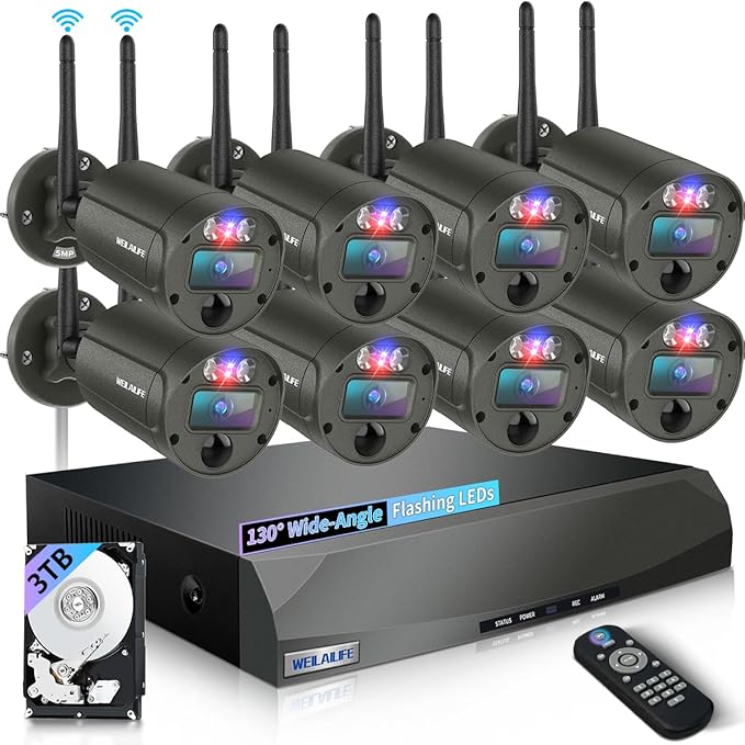 【130° Wide Angle & 2-Way Audio】 Outdoor Wireless Security Camera System, Wireless Cameras for Home Security, WiFi Video Surveillance Systems DVR Kits