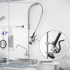 Commercial Kitchen Faucet 47" Height Wall Mount with Pull Down Sprayer 8" Center Wall Mount Kitchen Sink Faucet with 14" Add-on Swing Spout Pre Rinse Faucet for Commercial Kitchen Sink