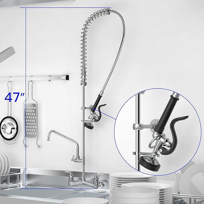 Commercial Kitchen Faucet 47" Height Wall Mount with Pull Down Sprayer 8" Center Wall Mount Kitchen Sink Faucet with 14" Add-on Swing Spout Pre Rinse Faucet for Commercial Kitchen Sink