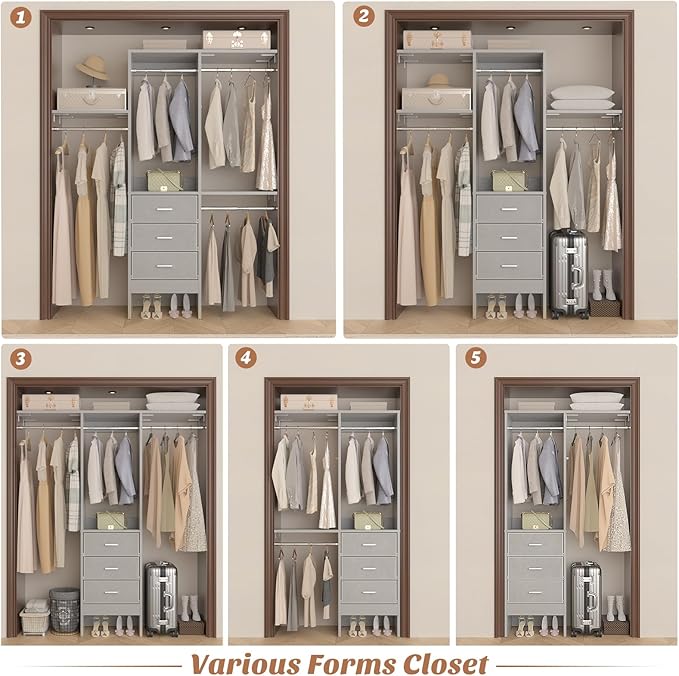4FT Small Closet System with 3 Fabric Drawers, 48'' Closet Organizer System With 3 Adjustable Shelves, Flexible Built-In Clothes Garment Rack for Small Space, 48" L x 13" W x 71" H, Grey