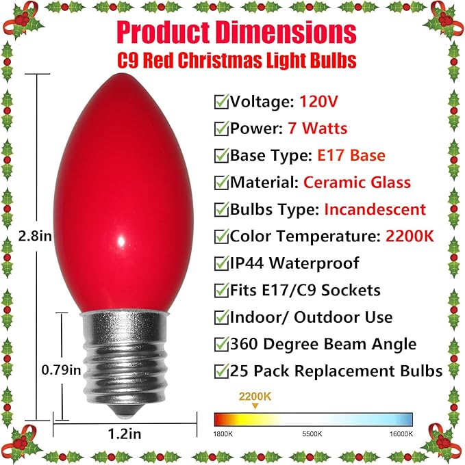 C9 Red Valentines Christmas Light Bulbs, 25 Pack Ceramic Red Replacement Light Bulbs, E17 Intermediate Base Edison Bulb for Outdoor Christmas Lights Valentines Decor Lights, 7 Watts