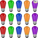 S14 Colored LED String Light Bulbs, 15 Pack 1 Watt Plastic Shatterproof LED Replacement Bulbs for Indoor Outdoor String Light, E26 Medium Base, Multi-Color: Red/Green/Blue/Purple/Orange